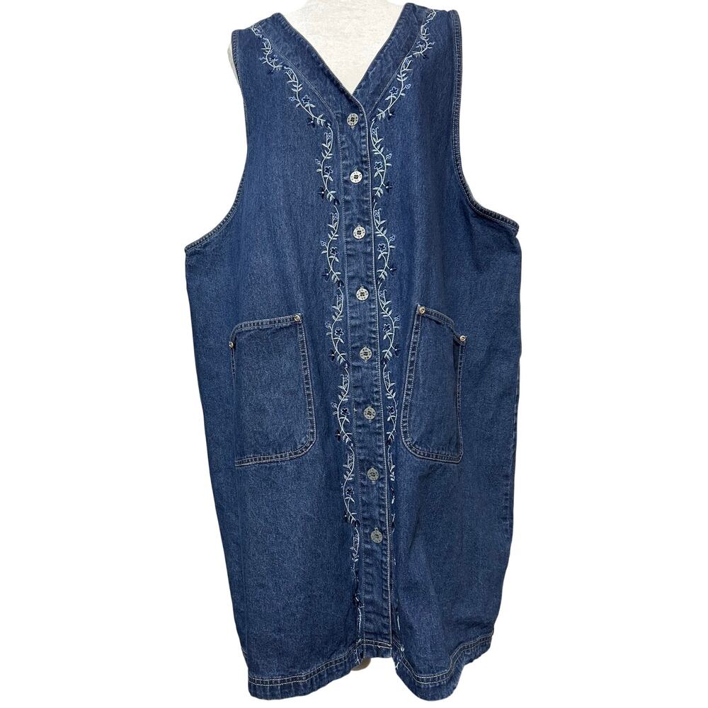 Vintage JL NY Embroidered Button Denim Jumper Dress Womens Plus Size 3X Pockets